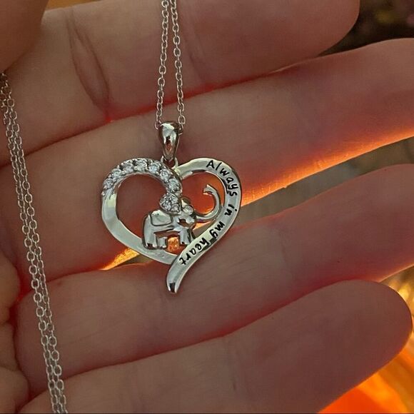 Elephant Always In My Heart Sterling Silver CZ Heart Necklace - Picture 3 of 3